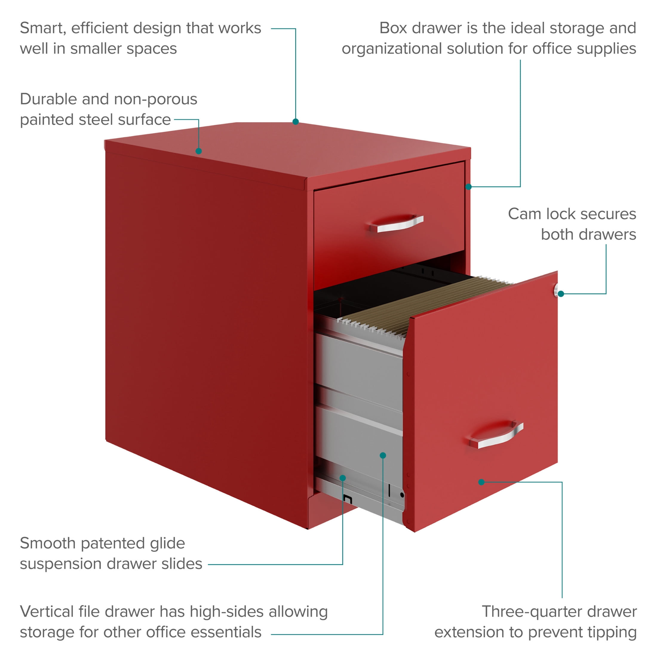 Space Solutions 18" Deep 2 Drawer Letter Width Vertical File Cabinet with Accessory Drawer, Red