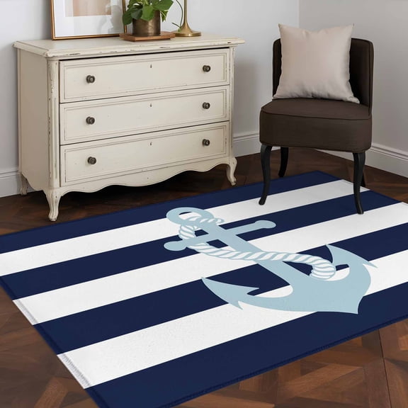 3'x5' Area Rugs, Navy Blue Striped Indoor Outdoor Area Rug for Living Room Bedroom, Blue Anchor Nautical Farmhouse Washable Bathroom Rugs Kitchen Floor Carpet Mats Home Decor Aesthetic