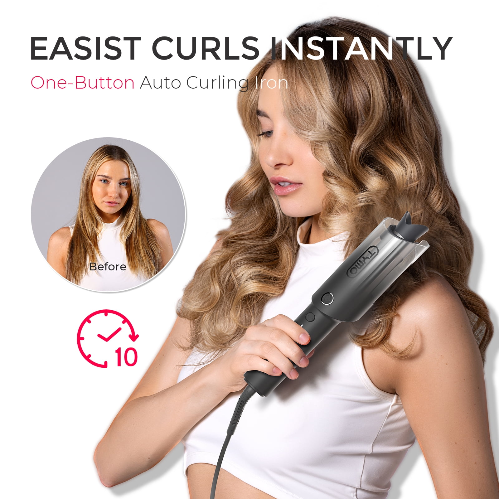 TYMO CURLPRO Automatic Curling Iron, Rotating Curling Wand for Lasting Beach Waves, 500M Ionic, Dual Voltage & Lightweight, 1 inch, Black Fade