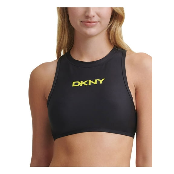 DKNY Women's Black Logo Stretch Zippered Sporty Swimsuit Top M