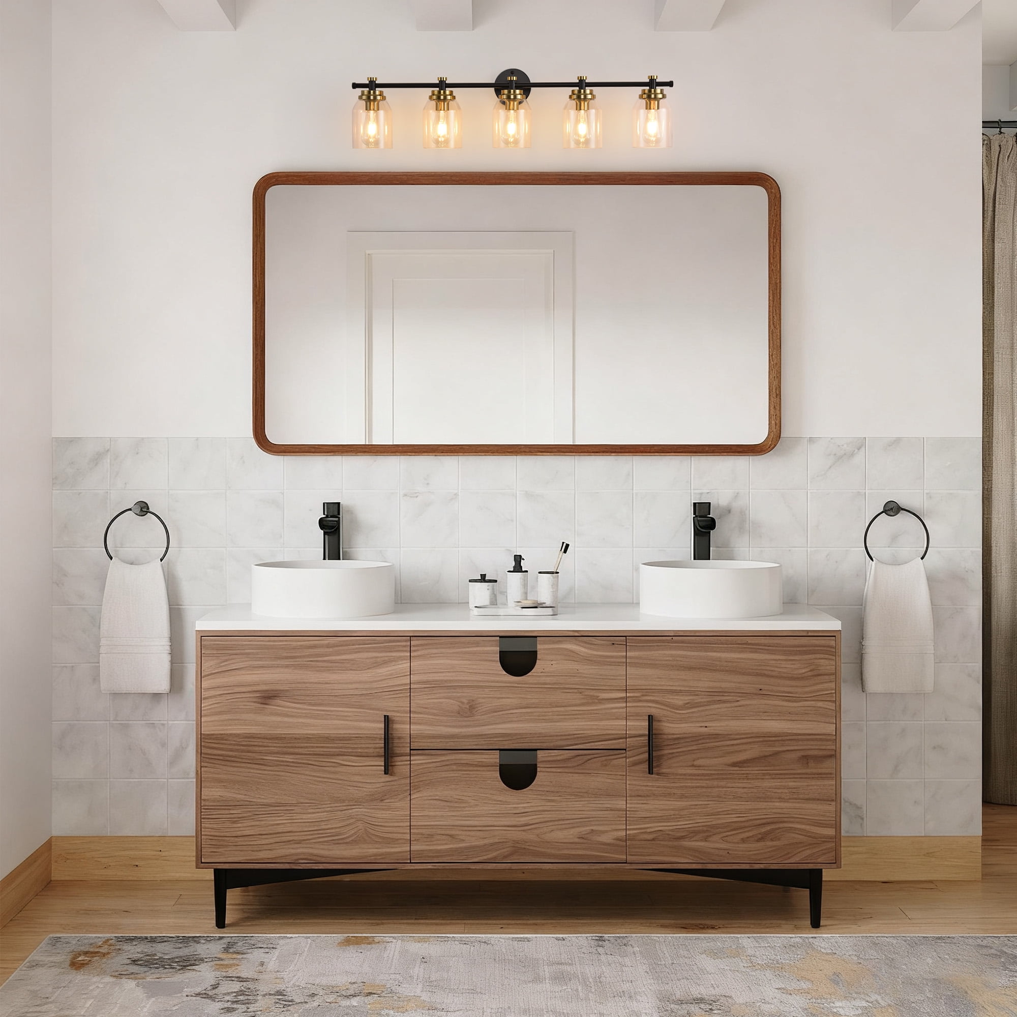 Black and Gold Bathroom Vanity Light - 5-Light Vintage Fixture with Clear Glass Shades