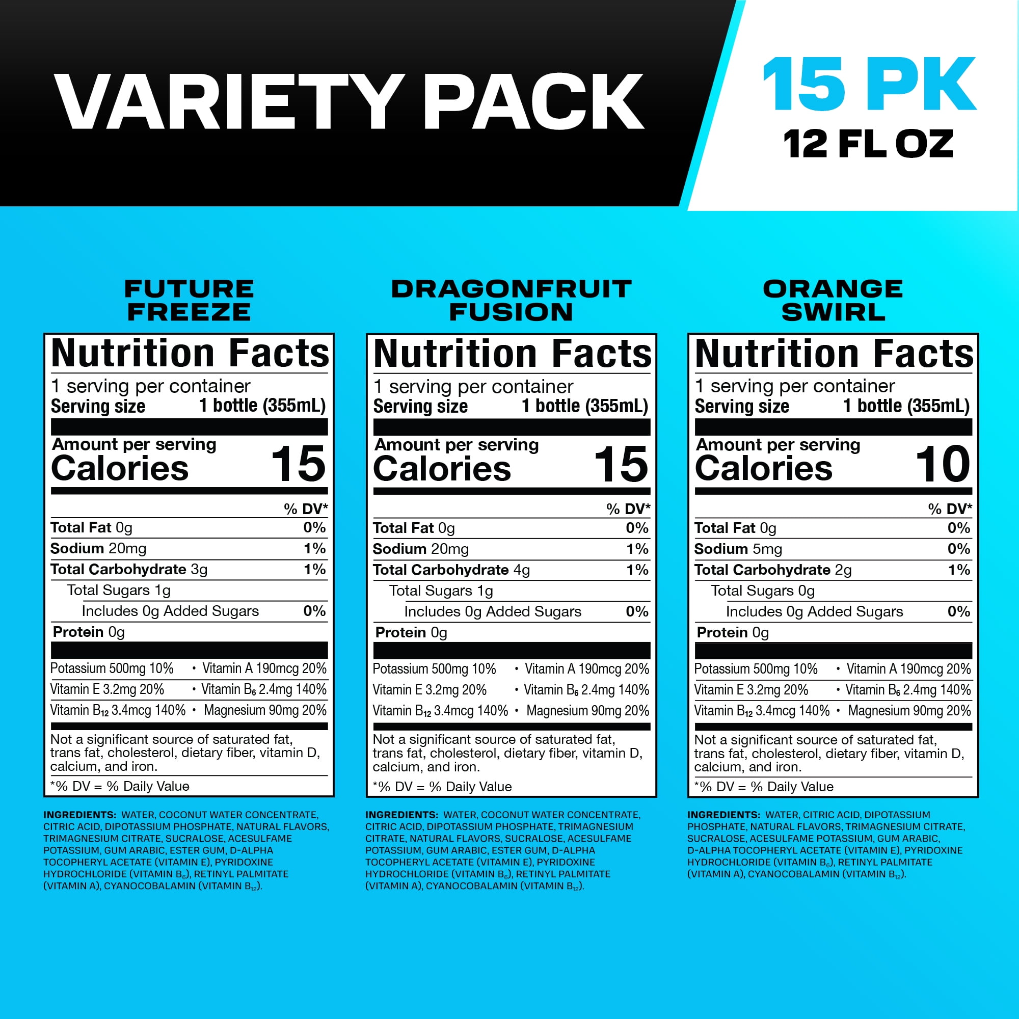 Prime Hydration Sports Drink, Variety Pack, Future Freeze, Orange Swirl, Dragonfruit Fusion, 12 fl oz, Bottles