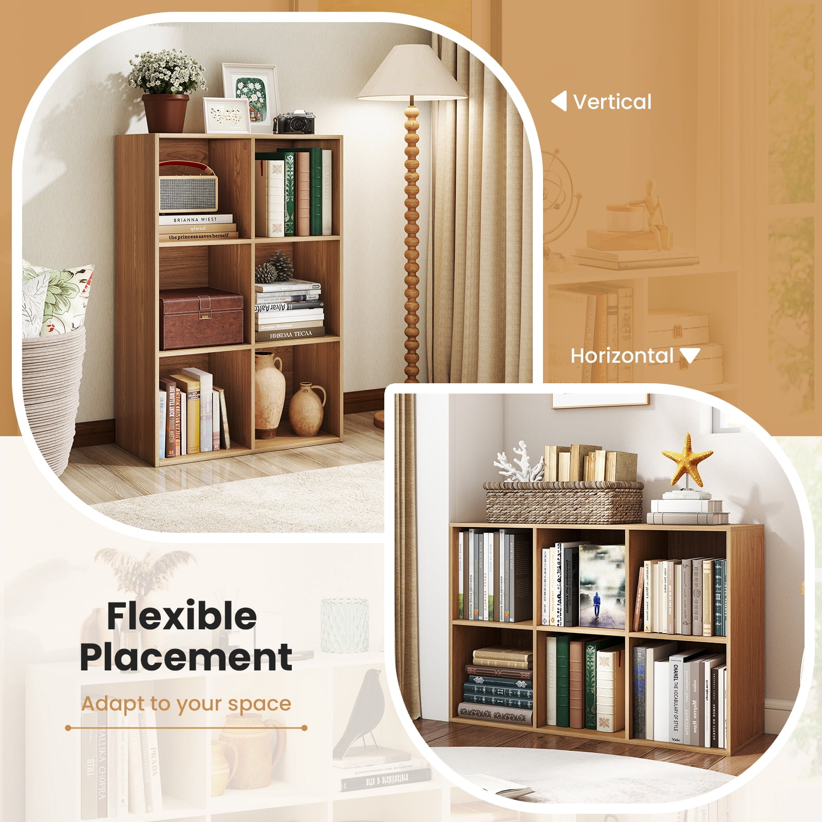 Costway 6-Cube Bookcase Modern 3-Tier Storage Organizer Horizontal Vertical Bookshelf Natural