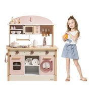 Robud Kids Wooden Kitchen Play Set Pretend Playset Toy with Play Cooker for Girls Boys Age 3+,Pink