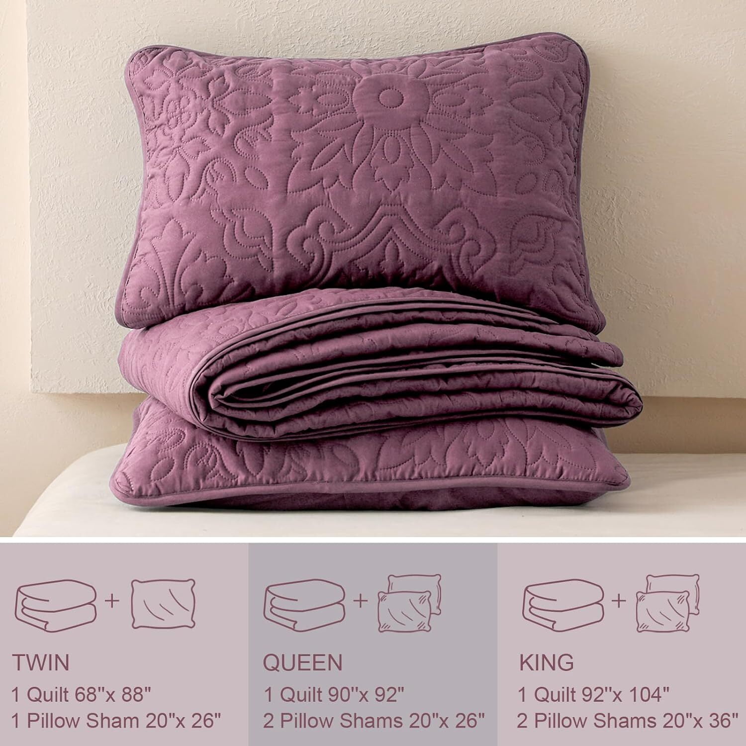 Whale Flotilla 3-Piece King Quilt Set, Soft Ultrasonic Embossed Bedding Set, Lightweight Bedspread Coverlet with Boho Vintage Pattern, Reversible Bed Cover for All Seasons, Dusty Lavender