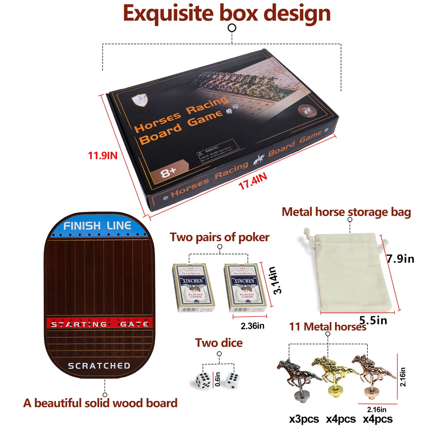 Grhonior Horse Race Board Game Racing Game Thickened Solid Wood with 11 Luxurious Durable Classic Metal Horses with 4 Dice and 2 Boxes of Cards Horse Racing Game (Walnut Color, Oval)