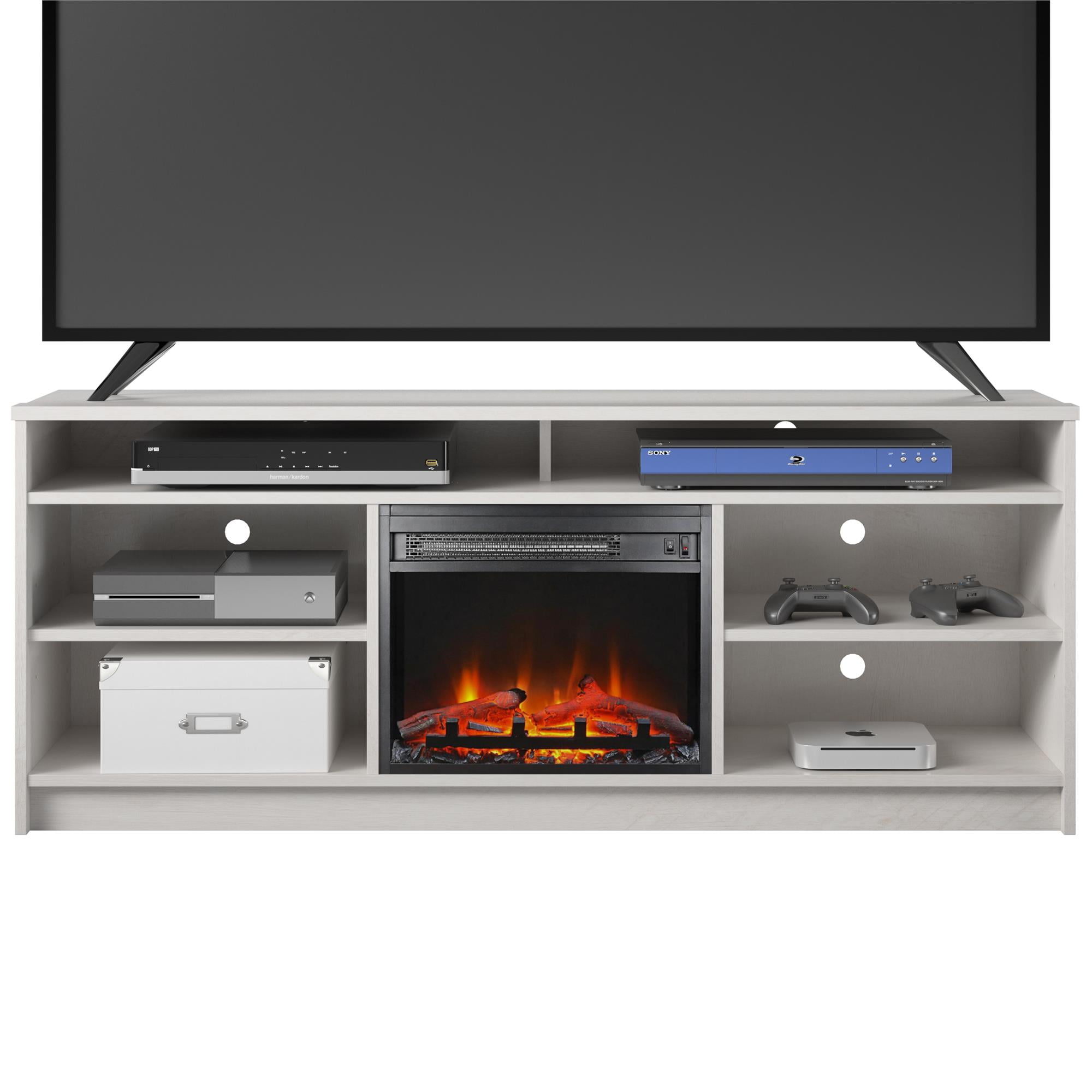 Ameriwood Home Heston 65" TV Stand with Electric Fireplace Insert and 6 Shelves, Ivory Oak