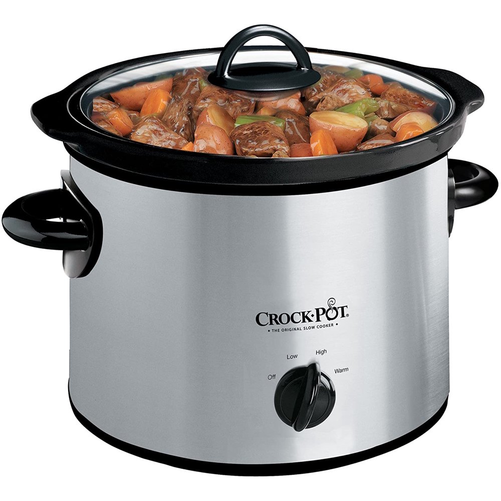 CrockPot 3Quart Round Manual Slow Cooker, Stainless Steel and Black