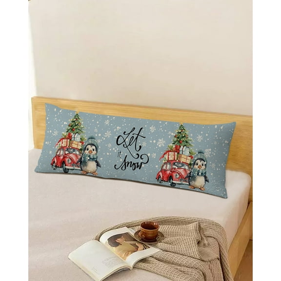 Christmas Penguin Throw Pillow Cover,Watercolor Snowflake Blue Xmas Truck Rectangle Decorative Pillow Case Protector Soft Cushion Cover Lumbar Pillowcase for Couch Sofa Bedroom Car Decor 20x54 Inch
