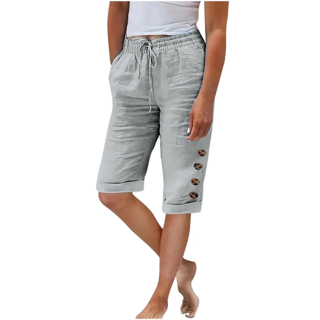 Timegard Womens Shorts Elastic Waist Button Drawstring Straight Leg Casual Knee Length Pants Summer