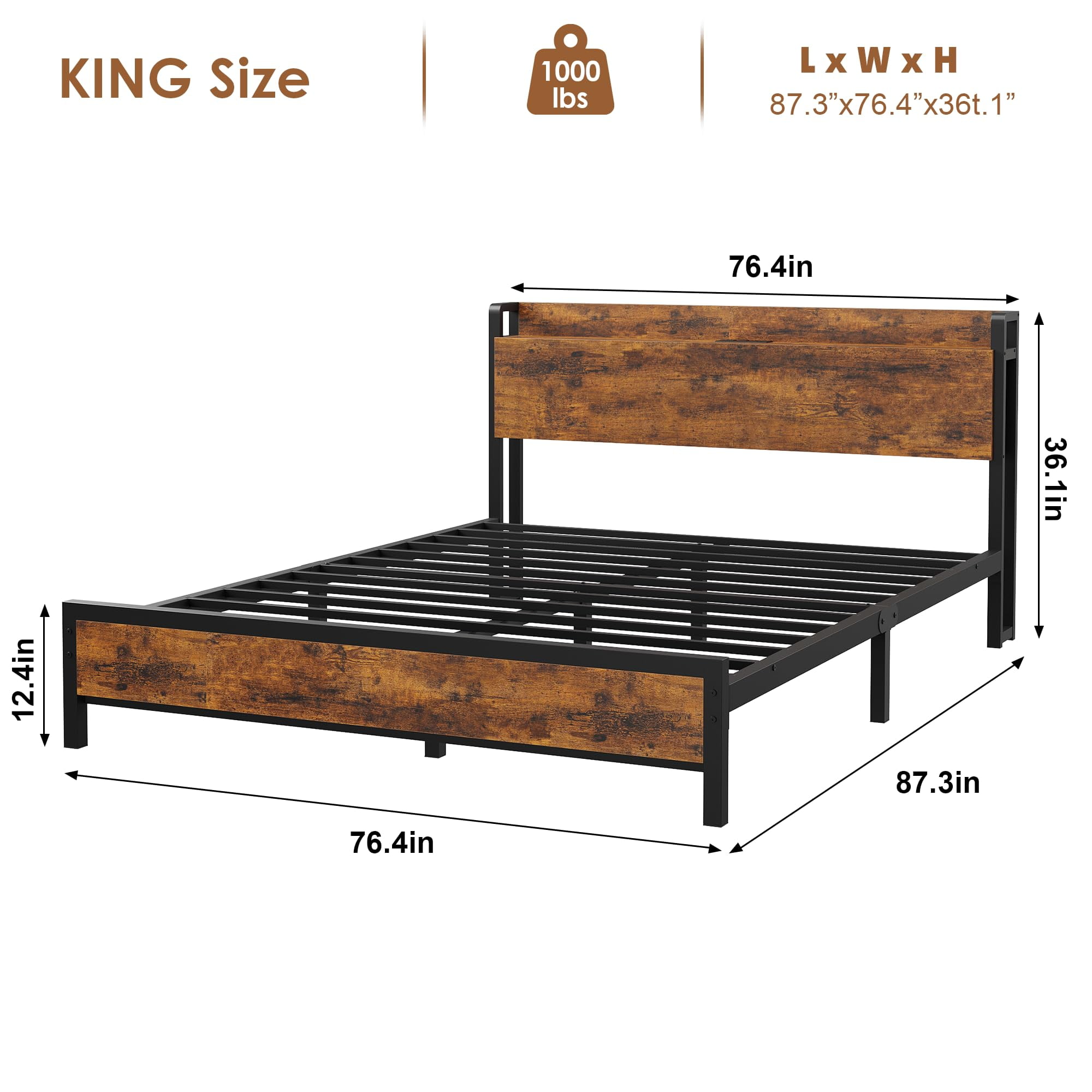 King Size Bed Frame with Storage Headboard, Industrial King Bed Platform with Charging Station and USB Ports, No Box Spring Needed Easy Assemble Mattress Foundation - Rustic Brown