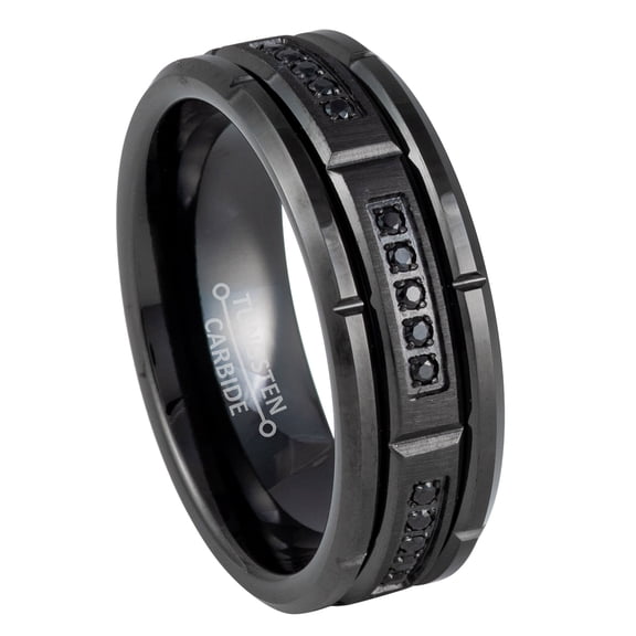 8mm Black Tungsten Eternity Wedding Band, Sectional CZ Beveled Edge Anniversary Ring - TN1158WAs10