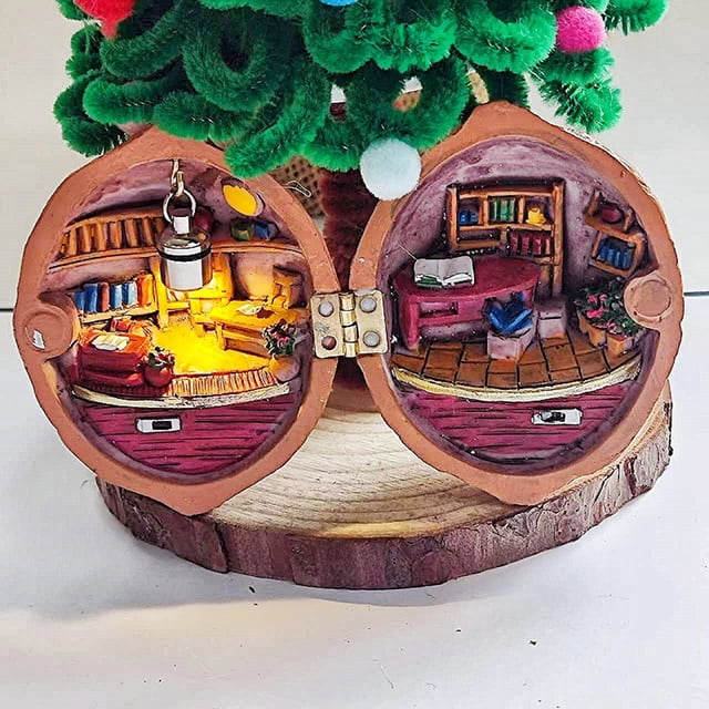 YAOMOBB Miniature Walnut World Walnut Dollhouse Warm Light Tiny World Inside Miniature Book Store Library Ornament