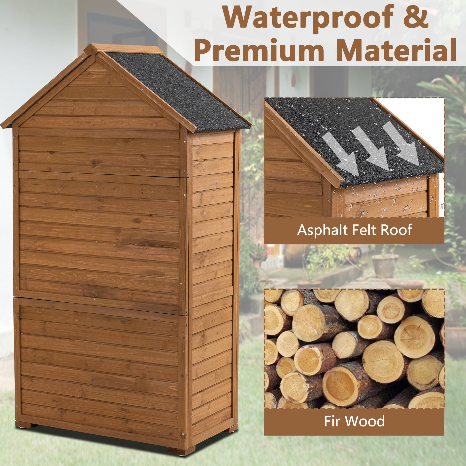 Durable Outdoor Storage Cabinet & Garden Tool Shed with Waterproof Roof, 6 Adjustable Stainless Steel Feet & Fir Wood Shelves for Large Tools, 39.56x22.04x68.89 Inches - Compact Patio/Garage Storage