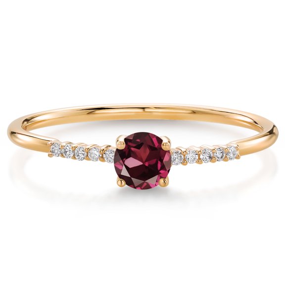 Gem Stone King 10K Yellow Gold Red Rhodolite Garnet and White Lab Grown Diamond Engagement Ring for Women (0.42 Cttw, Round 4MM, Gemstone January Birthstone, Size 7)