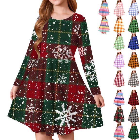 Swuxness Girls Dresses Long Sleeve Round Neck Striped Print Casual Fall Winter Outfits