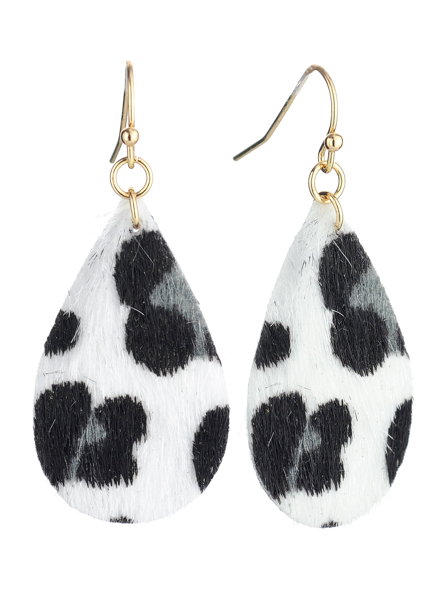 Teardrop Leopard Print Teardrop Stud Earrings with Central Diamante Faux Fur 