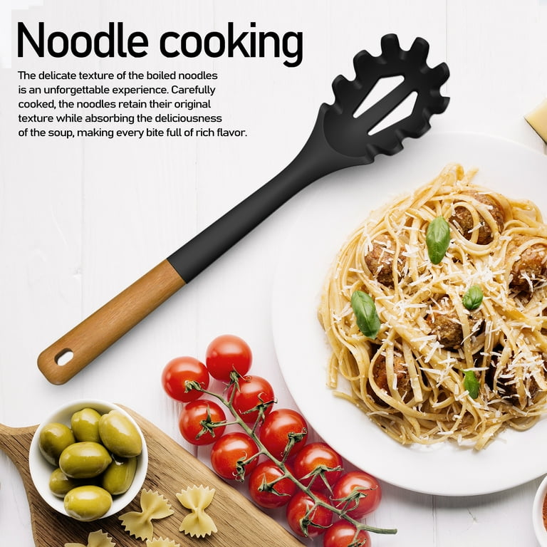 7-Piece Silicone and Bamboo Kitchen Utensils Set with Holder for Cooking,  Virtually Non-Stick, with Ladle, Slotted Turner, Slotted Spoon, Serving  Spoon, Pasta Server, Spatula, Scratch-Resistant