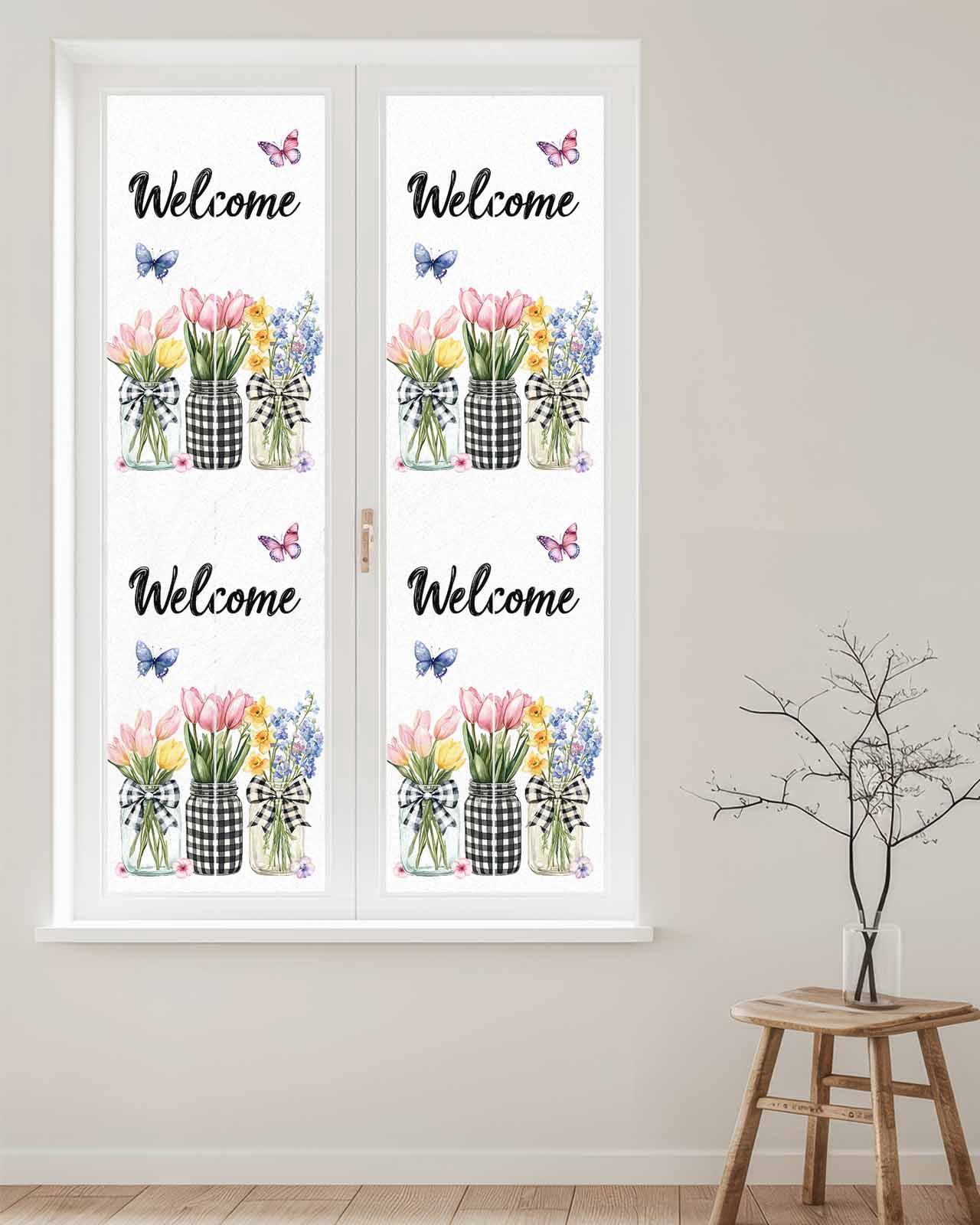 Window Privacy Film Spring Flowers Stained Glass Window Film Decorative Sun Block Window Cover Farmhouse Tulip Botanical Watercolor Window Clings Static Adhesive Sticker for Bathroom 29.5"x118"
