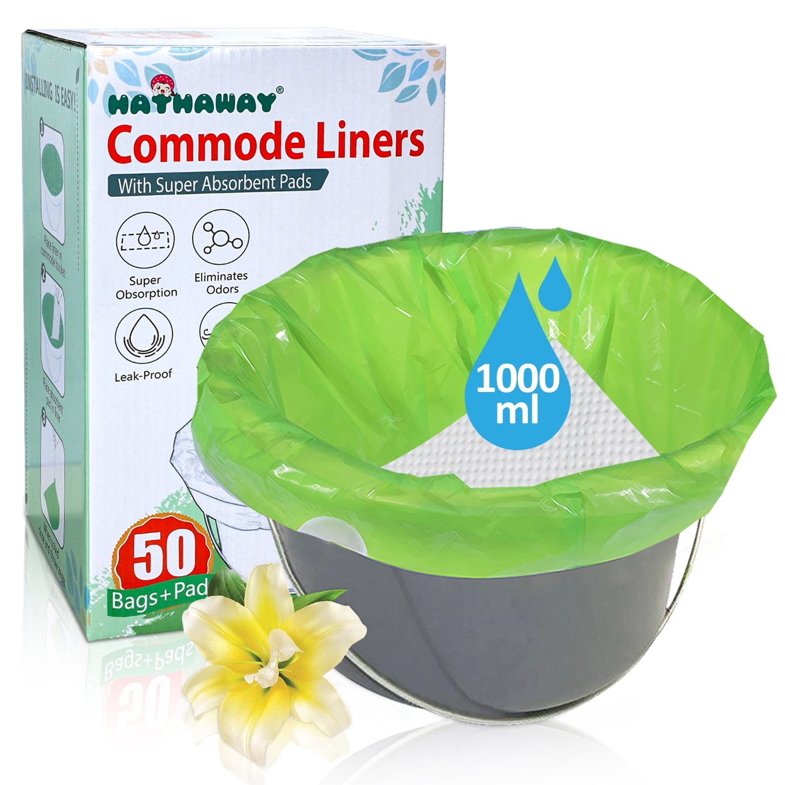 Commode Liners for Bedside Commode with Super Absorbent Pad 50 Pack Disposable Bags Universal