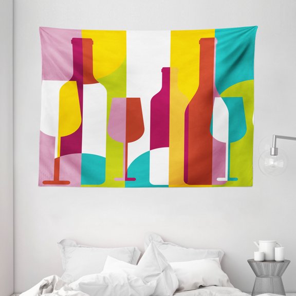 Wine Tapestry, Colorful Abstract Wine Bottle Glass Silhouettes Modern Party Drinks Geometric Design, Wall Hanging for Bedroom Living Room Dorm Decor, 80W X 60L Inches, Multicolor, by Ambesonne