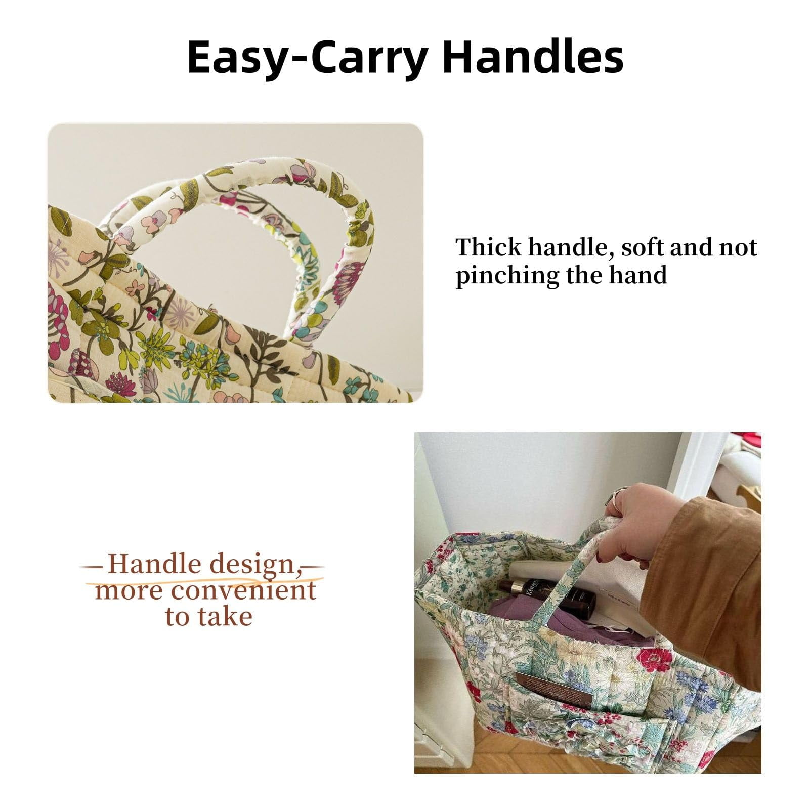 Guilted Basket - Quilted Storage Basket, Floral Foldable Storage Basket Car, Quilted Easter Basket with Easy-Carry Handles Large