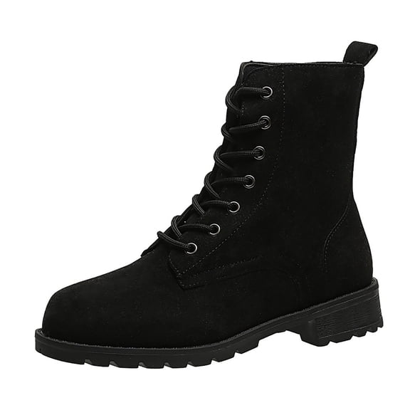 F-676 Black Ladies Fashion Casual Round Toe Block Heel Ankle Boots Fall Winter Style Lace Up Detail Combat Boots