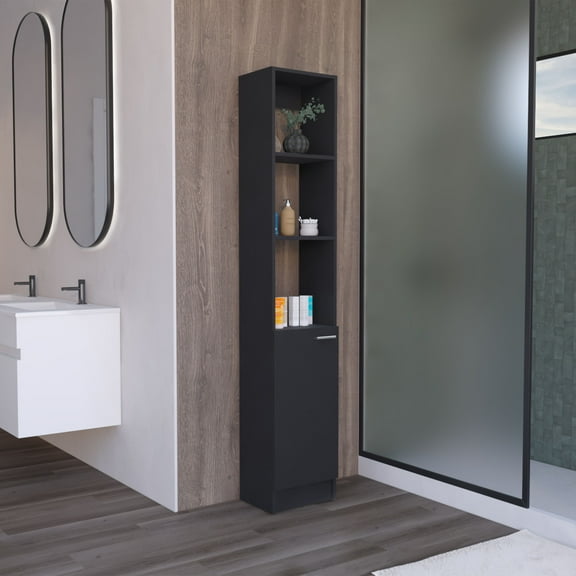 Parks Modern Black 1-Door Linen Storage Cabinet | Tall Engineered Wood Organizer with 6 Adjustable Shelves for Bathroom, Living Room, Kitchen, Garage | 70.8" H x 13" W