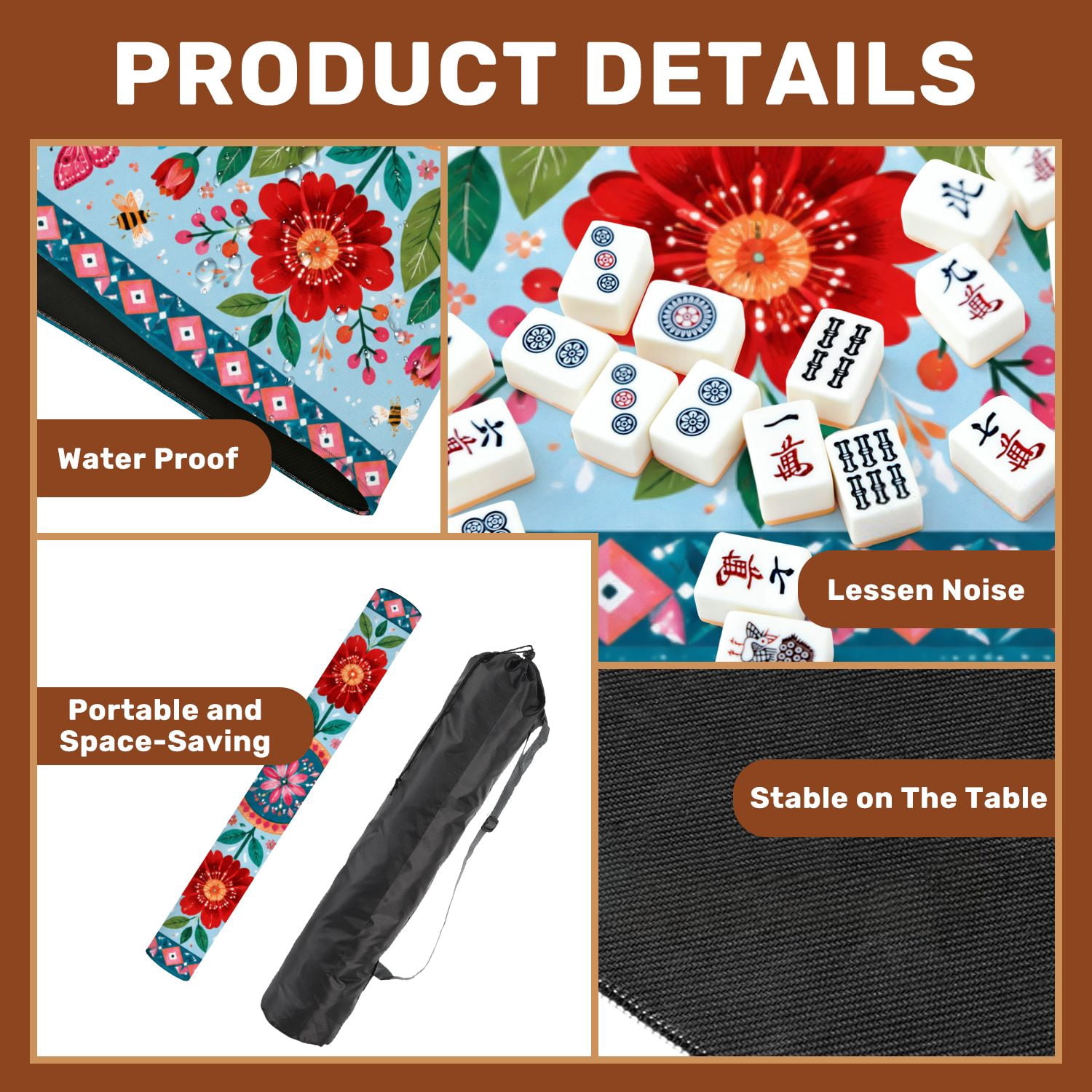 Mahjong Mat 31.5" x 31.5" Floral Mandala Red Yellow Flowers Blue Non-Slip Noise Reduction Mahjong Tiles Table Cover for Dominoes Poker Card Board and Tile Games