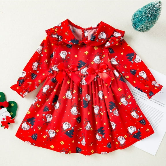 jsaierl Christmas Dress for Baby Girls Cute Santa Claus Print A-line Dress Toddler Infant Girls Ruffle Long Sleeve Princess Party Dresses 3M-12M