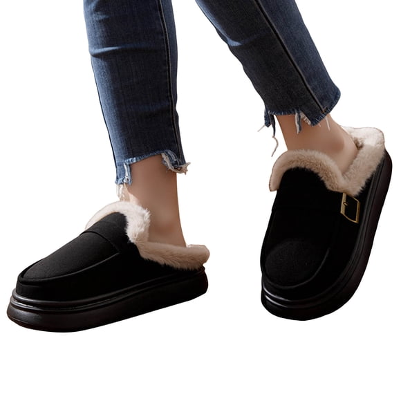 Platform Fuzzy Slippers Clogs House Shoes for Women Indoor and Outdoor Fashion Casual Suede Buckle Plush Winter Warm Bedroom Home Slides Snow Ankle Booties