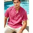 thumbnail image 5 of Mens Cotton Linen Henley Shirts Hot Pink Casual Short Sleeve Shirt Hippie Hawaiian Band Collar Tee, 5 of 8