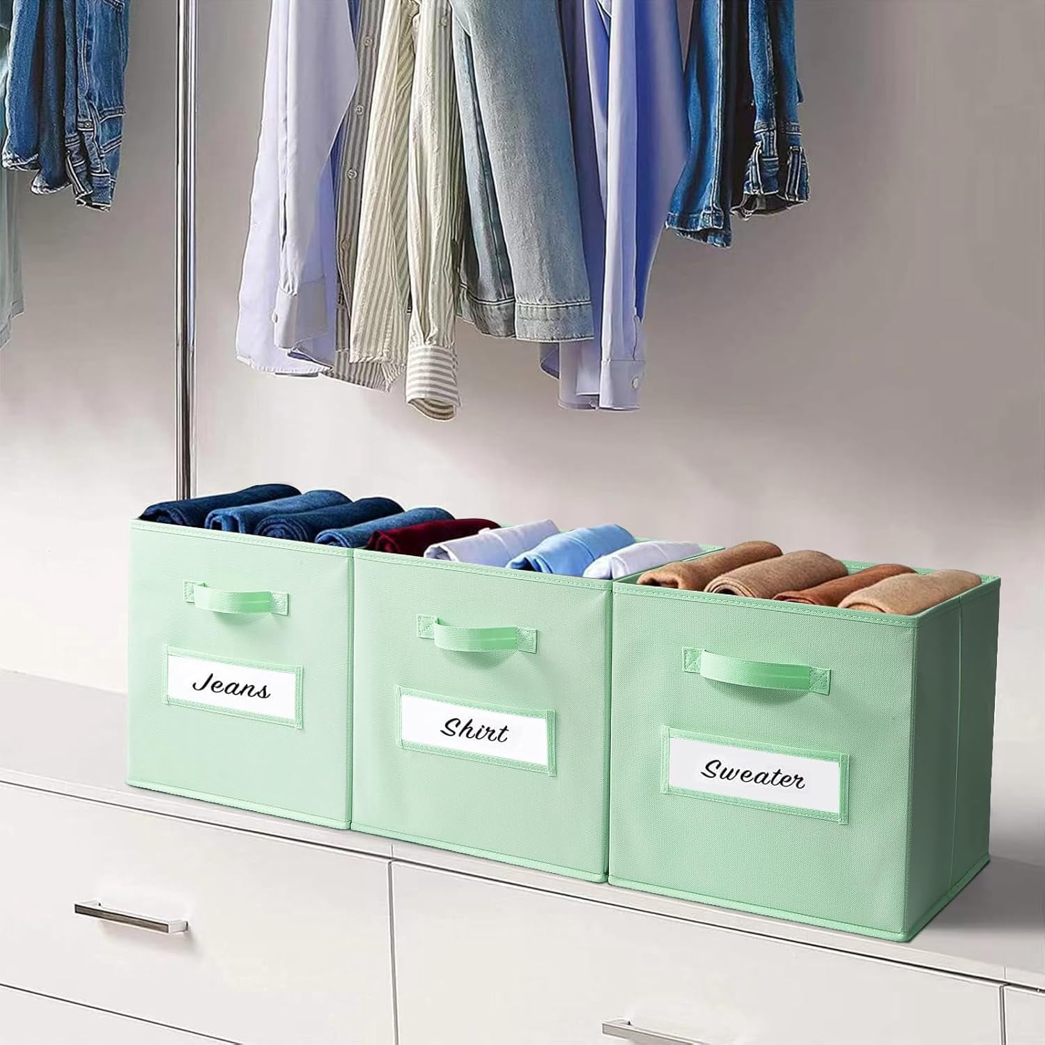 13x13 Inch Cube Storage Bins(Set of 8)-Basket Bins with 8 Labels Window Cards & a Pen - Collapsible Storage Organizer Boxes Cube For Nursery Home & Office-Grass Green
