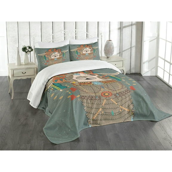 Ambesonne Llama Quilted Bedspread Set 3 Pcs, Oriental Design Alpaca Print, Queen Size, Multicolor
