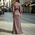 thumbnail image 6 of Womens Satin Formal Maxi Dress Batwing Sleeve Ruched Waist Side Slit Evening Gown with Pockets, Elegant Wedding Guest Dress for Party Banquet Prom Taupe XL, 6 of 6