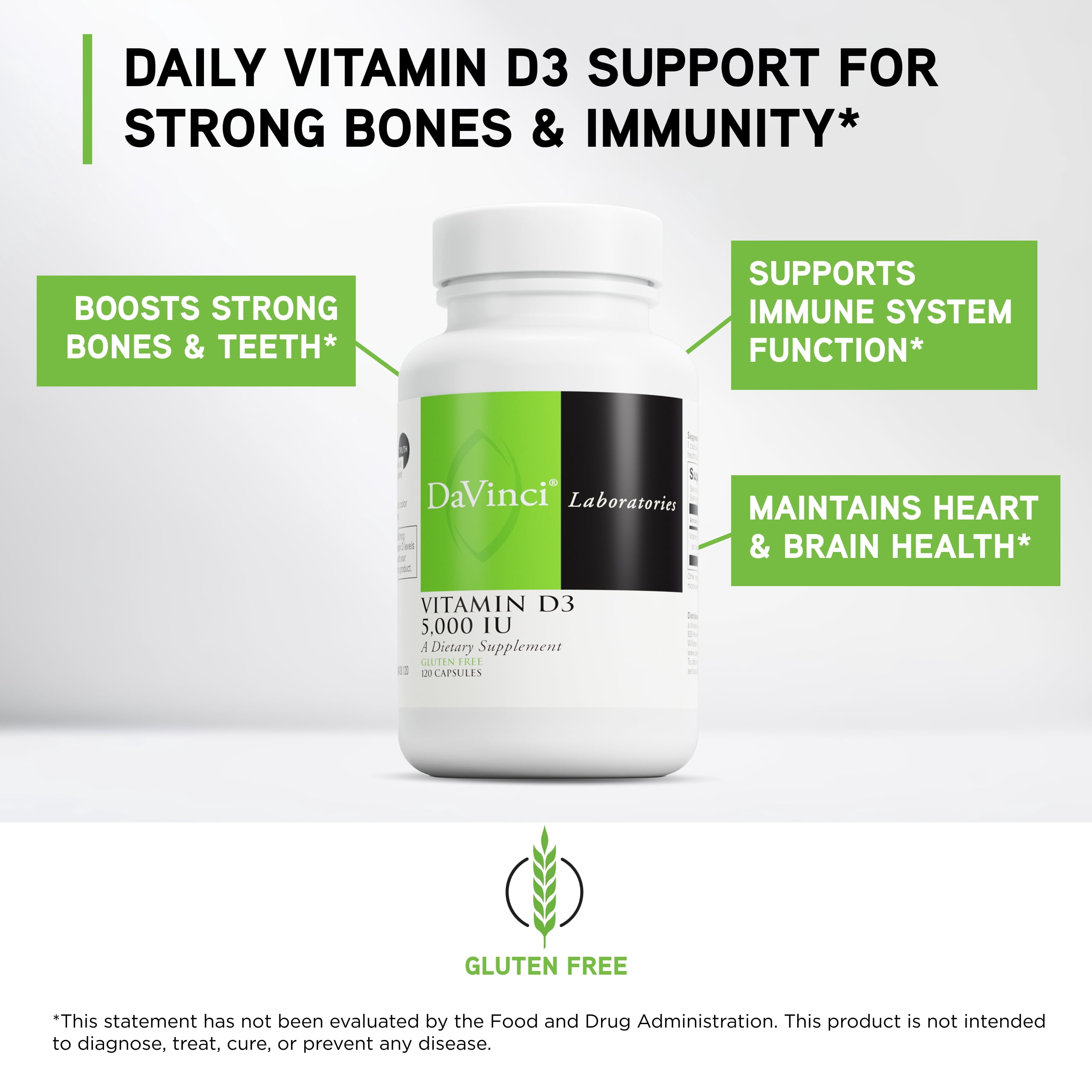 DaVinci Labs Vitamin D3 5000 IU - Support Healthy Bones & Immune Health* - 120 Capsules