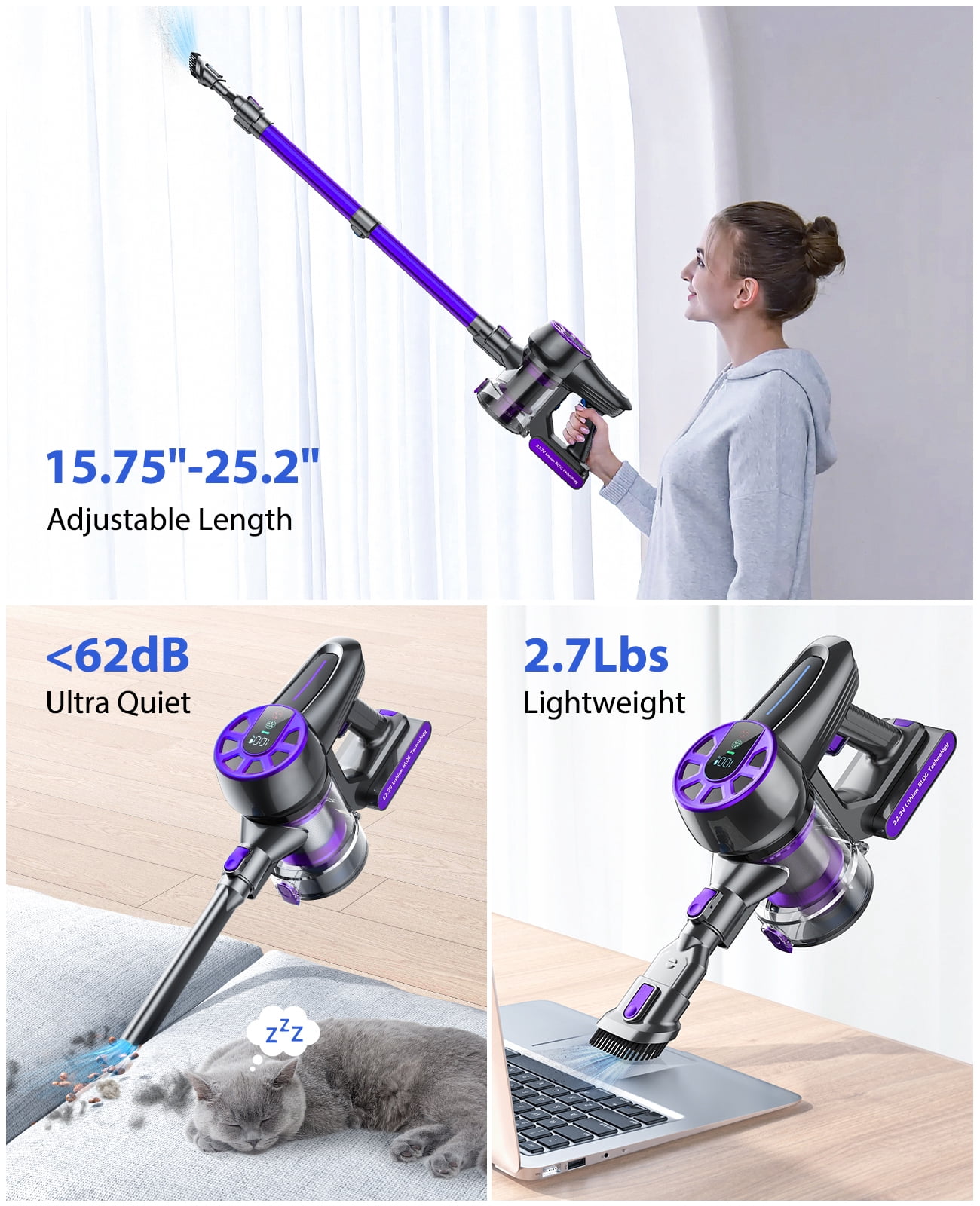 Cordless Vacuum Cleaner,55mins 36KPa  with LED Display, Lightweight  for Carpets Floors Pet Hair Home