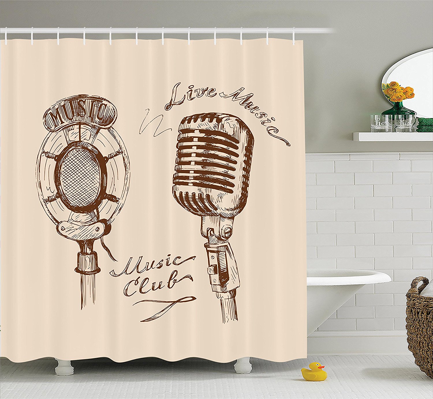 Jazz Music Decor Shower Curtain Set By Old Fashioned Doodles With Waves And Vintage Microphone Print Retro Style Boho Decor Bathroom Accessories By Ambesonne Walmart Com Walmart Com