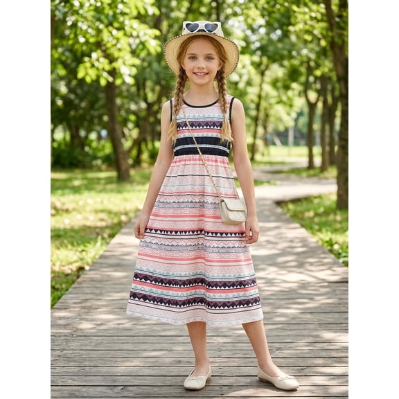 PureChapter Girls Dresses Sleeveless Bohemian Geometric Print Maxi Dress, Casual Summer Dress for 8-12Y
