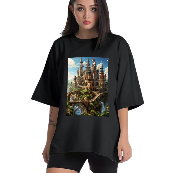 Plus Size Shirt for Women Black Tops for Women Short Sleeves Shirt for Women Castle T Shirt Crewneck Shirt for Women XS