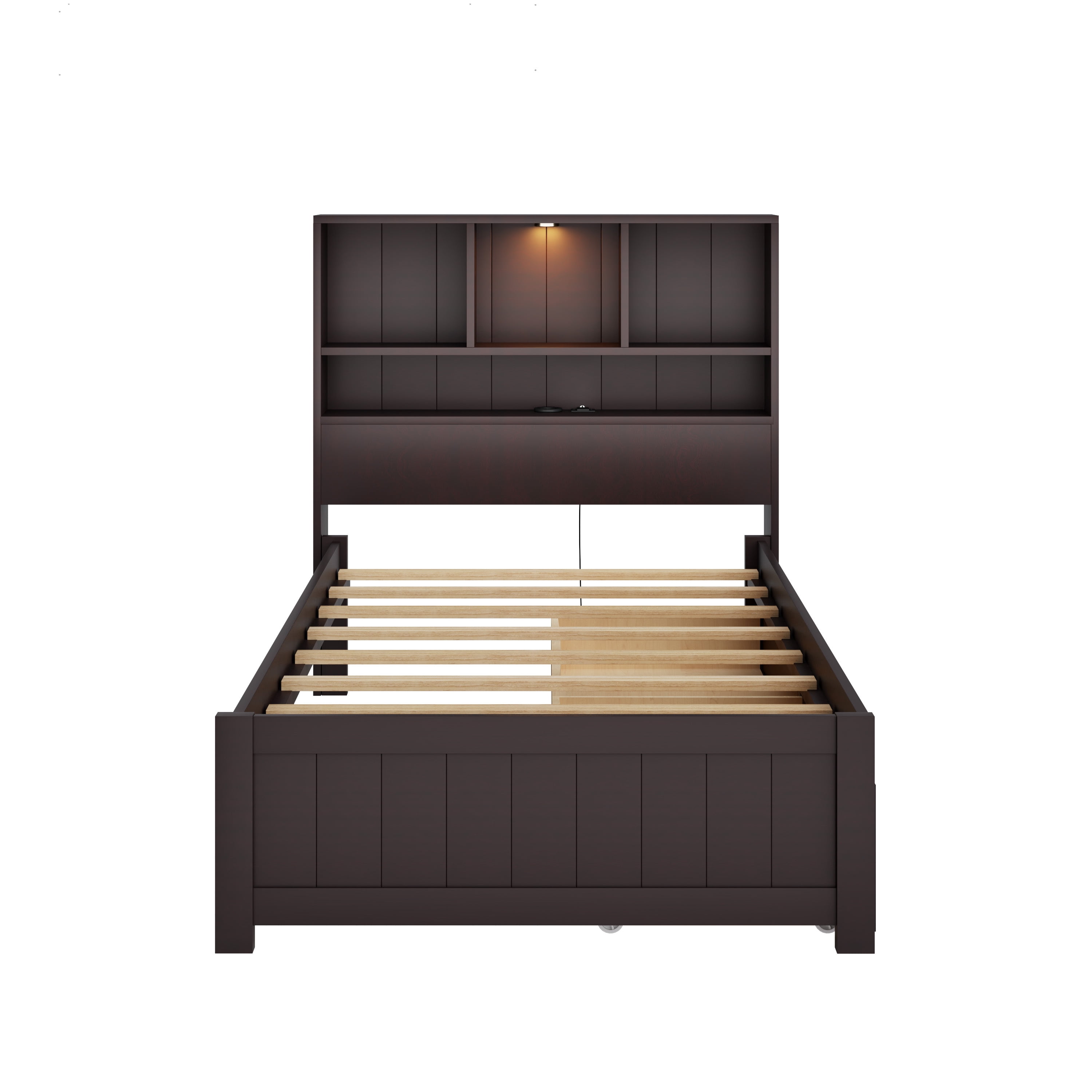 Euroco Wood Twin Size Platform Bed with Storage Headboard and Drawers, LED Light and USB Charging, Espresso