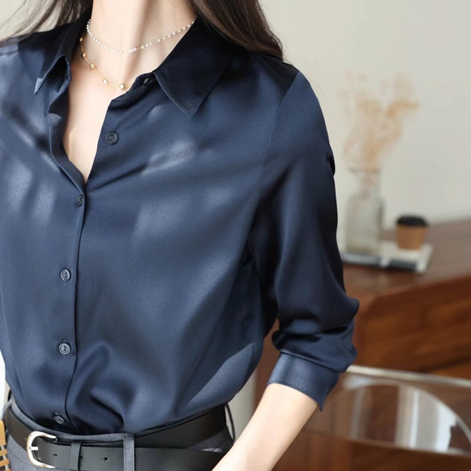 Chemisier Femme Chemise Satin Bleu Marine Chemise Manches Longues