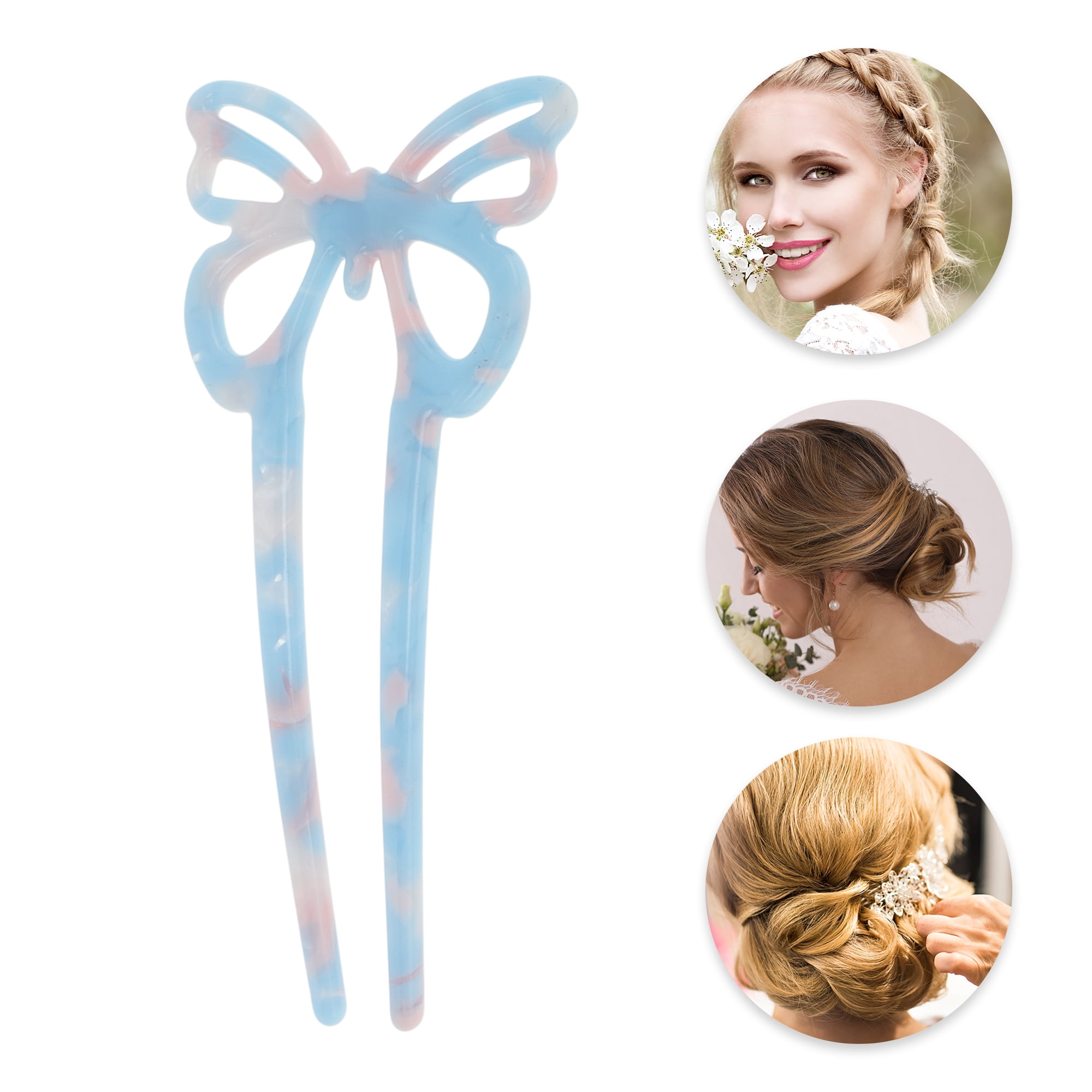 Unique Bargains Butterfly Hair Stick Fork Pins for Women 1 Pc Light Blue, Pink