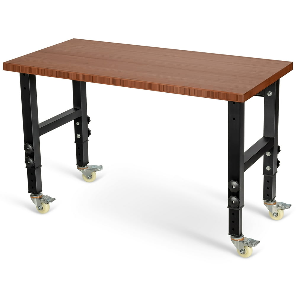 Costway 48''x24'' Adjustable Height Workbench Mobile Tool Bench Bamboo
