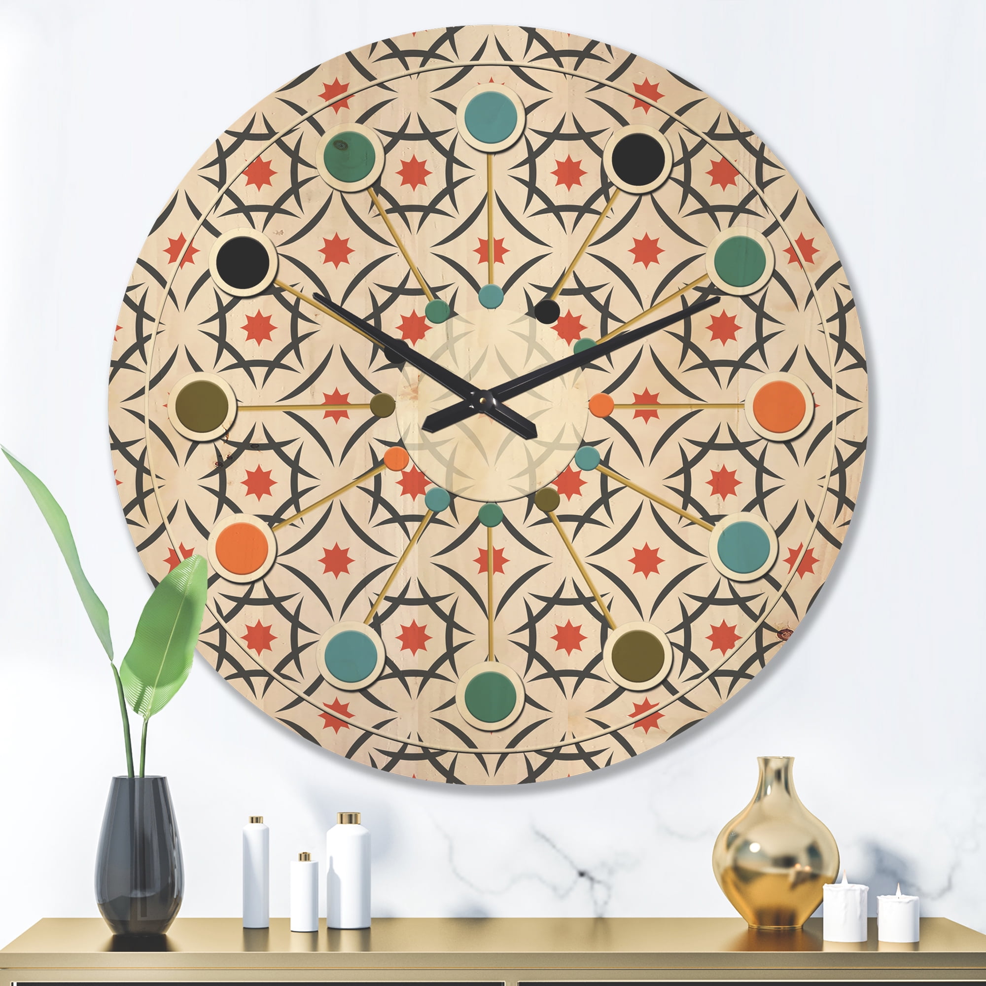 Designart 'Abstract Retro Design Pattern V' Mid-Century Modern Wood Wall Clock