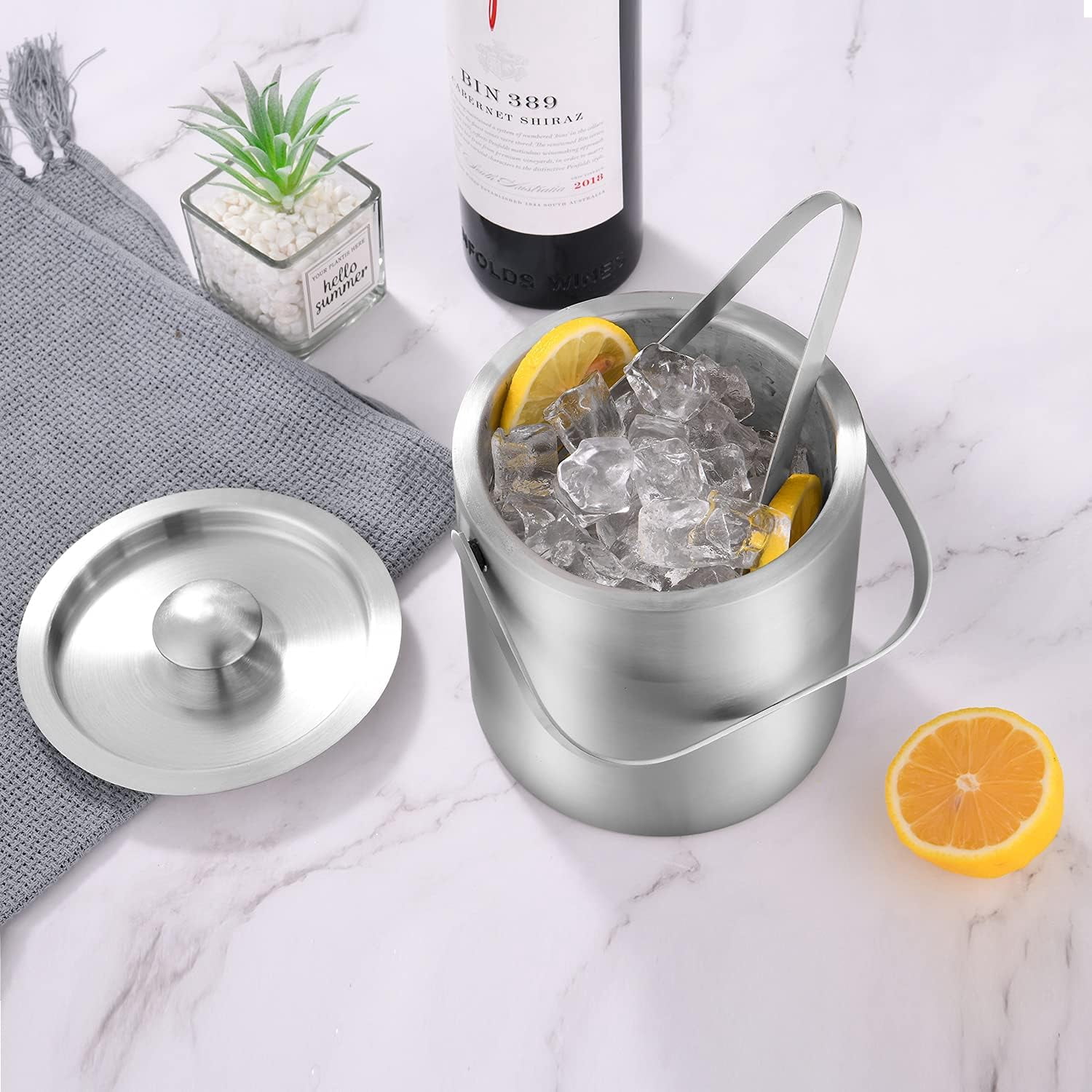 Stainless Steel Ice Bucket - 1.3L Double-Wall Insulated Ice Buckets for Parties with Lid, Large Champagne Wine Drink Container Holder, Ideal for Freezer Cocktail Home Bar Accessories