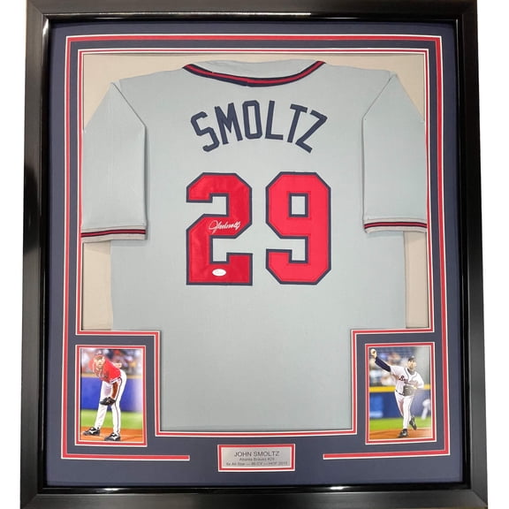 Framed Autographed/Signed John Smoltz 35x39 Atlanta Grey Baseball Jersey JSA COA