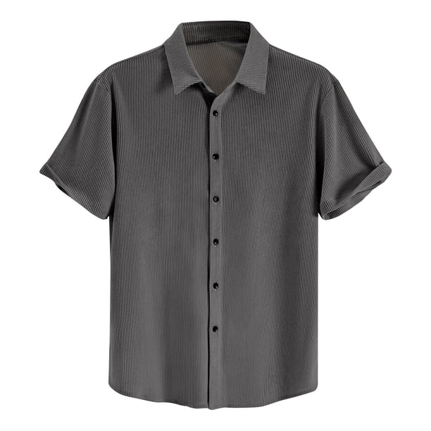 Camisas Elvqul Hombre Playa Gris Algodón Stretch Manga Corta Liso con Solapa Botones