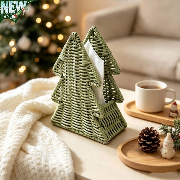 Christmas Tree Shaped Woven Storage Basket, Hand‑Woven Decorative Basket, Open‑Top Container for Holiday Snack Candy Gift Tabletop Display