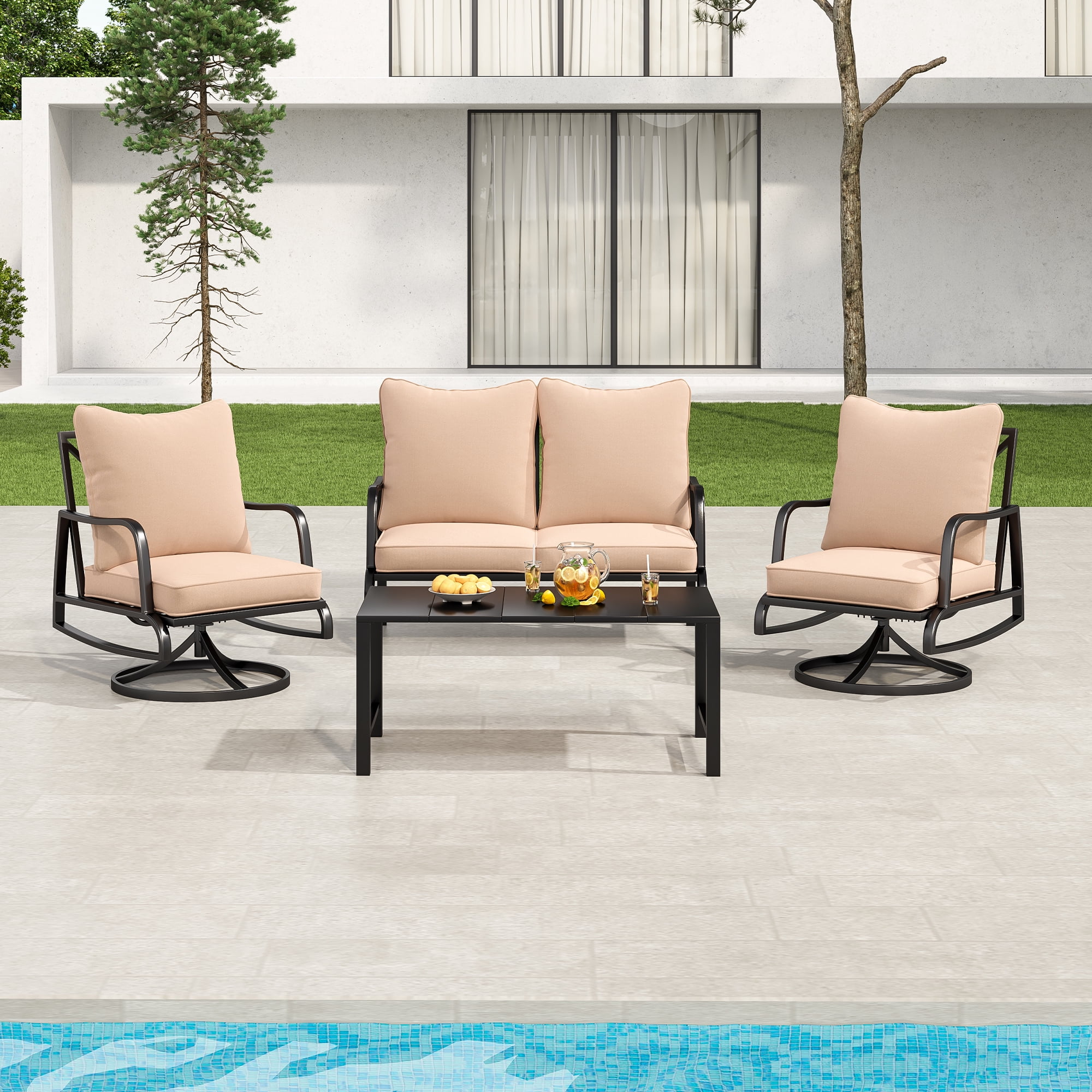 MAYEERTY 4-Piece Metal Frame Outdoor Patio Set with 2 Swivel Chairs, 1 Loveseat, and 1 Coffee Table